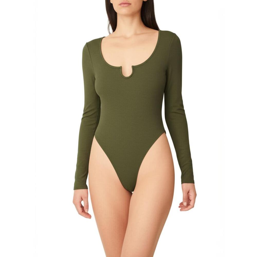 Abercrombie & Fitch Soft AF Green Ribbed Knit Cotton Long Sleeve Bodysuit Size S
